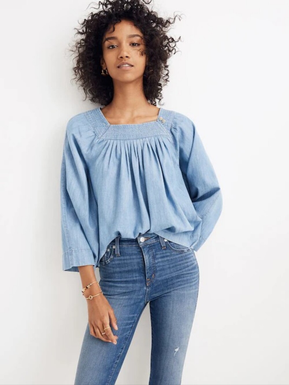 Madewell Light Blue Smocked Square-Neck Tunic